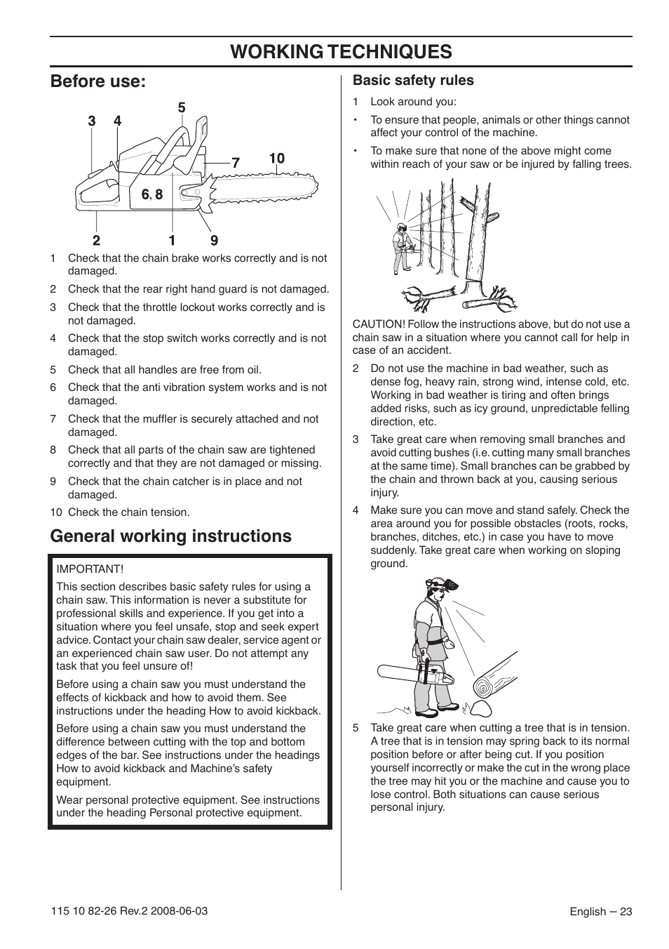 Before use, General working instructions, Basic safety rules | Working techniques | Husqvarna 440e User Manual | Page 23 / 44