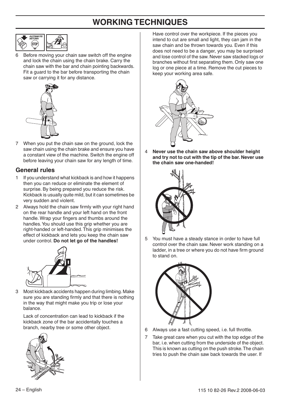 General rules, Working techniques | Husqvarna 440e User Manual | Page 24 / 44