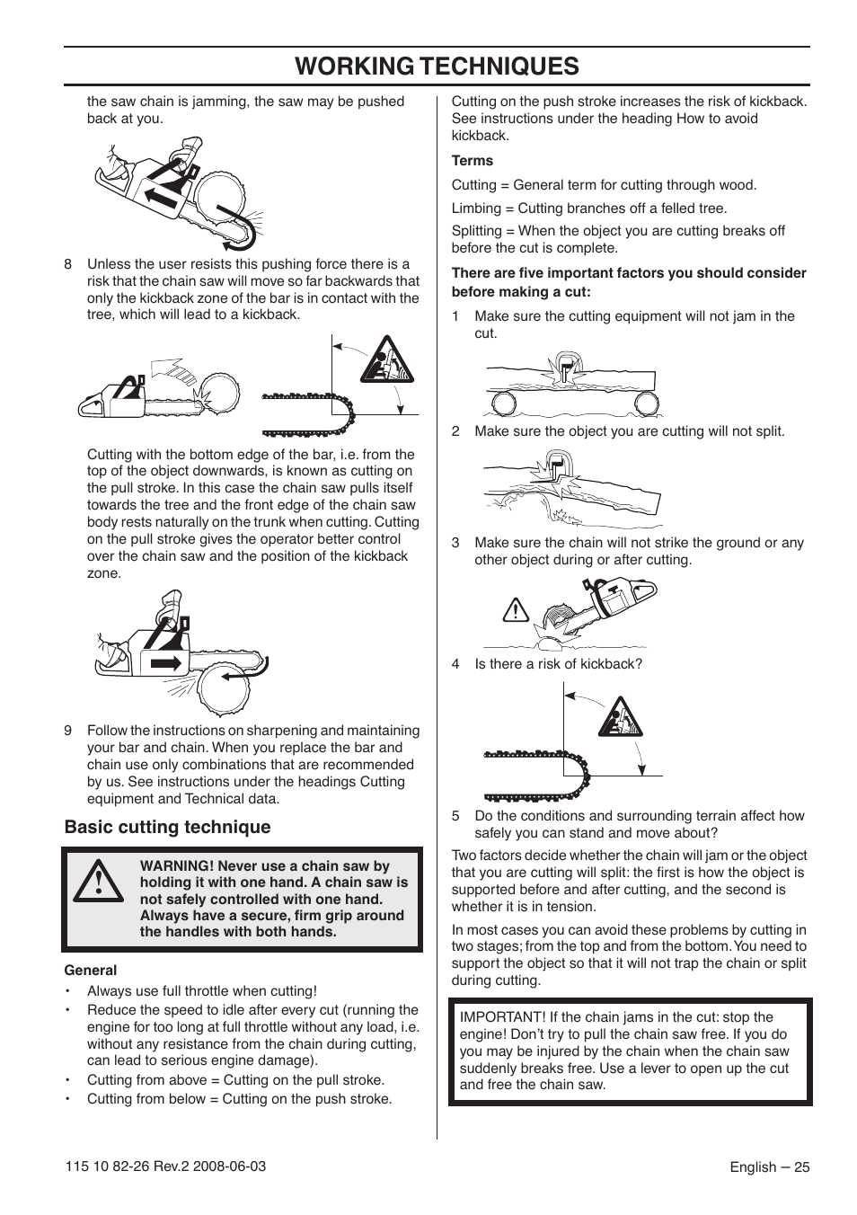 Basic cutting technique, Working techniques | Husqvarna 440e User Manual | Page 25 / 44