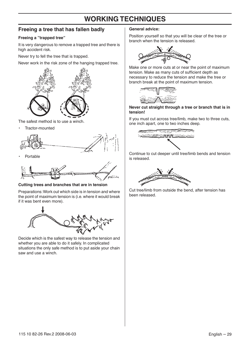 Freeing a tree that has fallen badly, Working techniques | Husqvarna 440e User Manual | Page 29 / 44