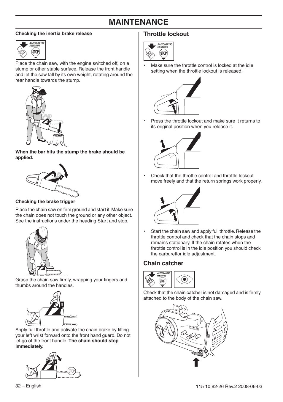 Throttle lockout, Chain catcher, Maintenance | Husqvarna 440e User Manual | Page 32 / 44