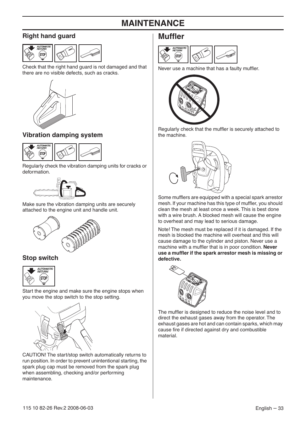 Right hand guard, Vibration damping system, Stop switch | Muffler, Maintenance, Mufﬂer | Husqvarna 440e User Manual | Page 33 / 44