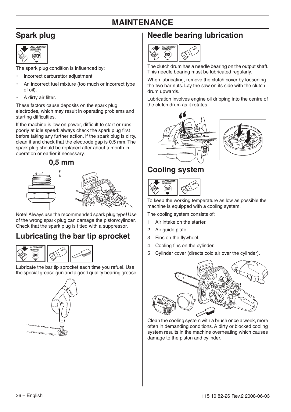 Spark plug, Lubricating the bar tip sprocket, Needle bearing lubrication | Cooling system, Maintenance | Husqvarna 440e User Manual | Page 36 / 44