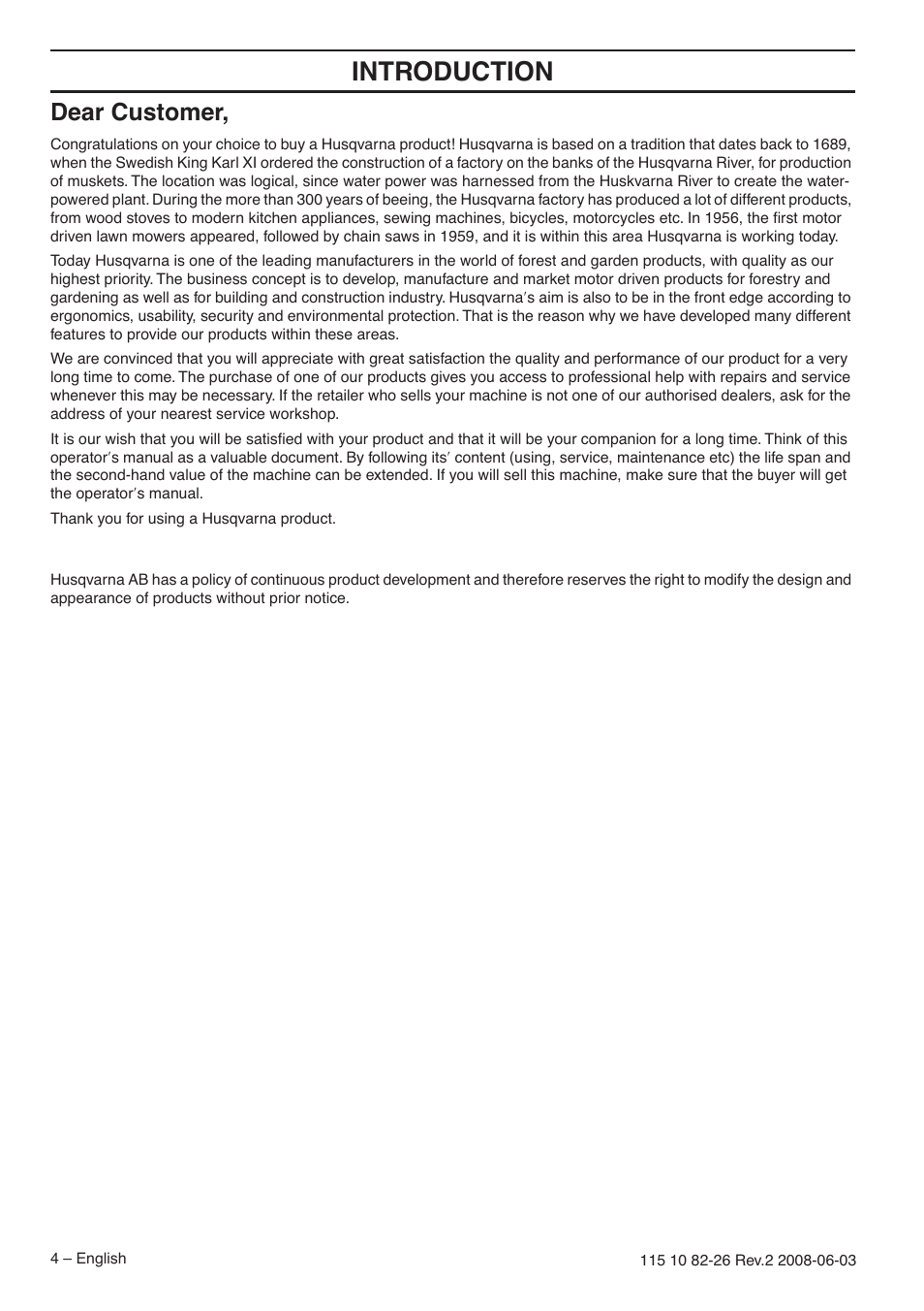 Dear customer, Intr oduction | Husqvarna 440e User Manual | Page 4 / 44