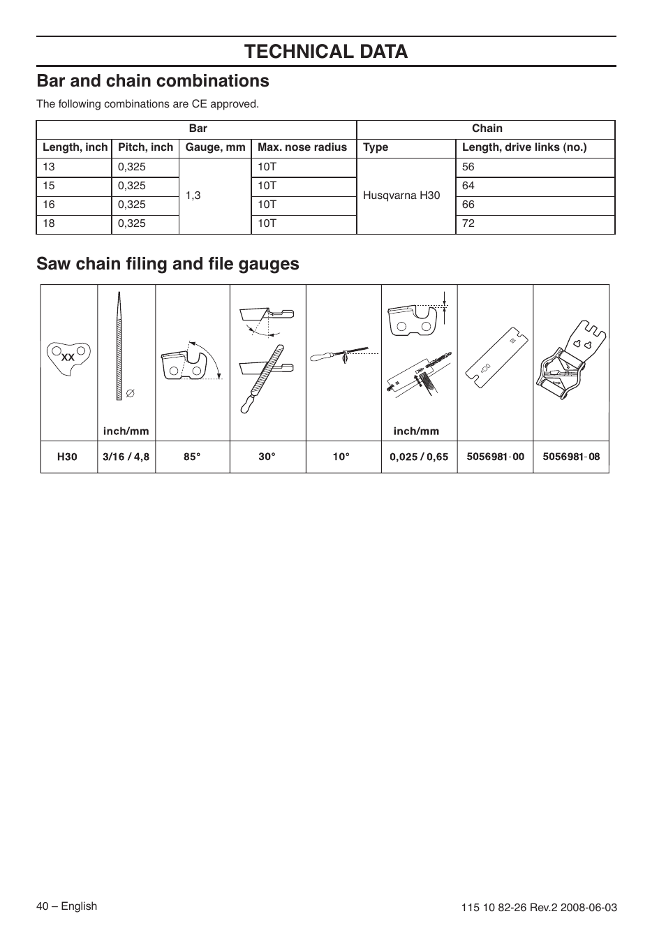 Bar and chain combinations, Saw chain filing and file gauges, Technical data | Saw chain ﬁling and ﬁle gauges | Husqvarna 440e User Manual | Page 40 / 44