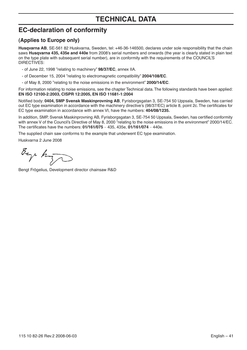 Ec-declaration of conformity, Applies to europe only), Technical data | Husqvarna 440e User Manual | Page 41 / 44