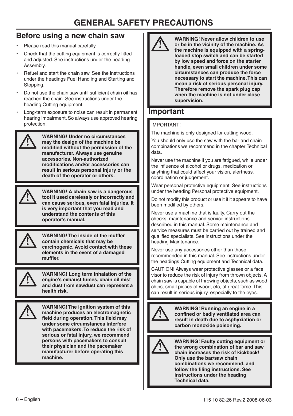 Before using a new chain saw, Important, General safety preca utions | Bef ore using a new chain saw, Impor tant | Husqvarna 440e User Manual | Page 6 / 44