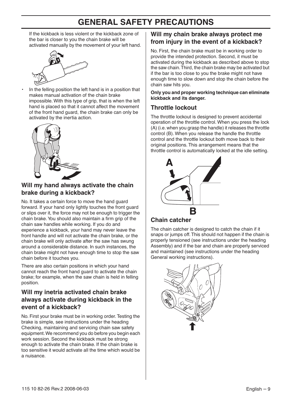 Throttle lockout, Chain catcher, General safety precautions | Husqvarna 440e User Manual | Page 9 / 44