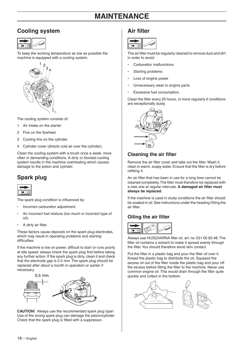 Cooling system, Spark plug, Air filter | Cleaning the air filter, Oiling the air filter, Maintenance | Husqvarna 325HS75X Series User Manual | Page 18 / 24