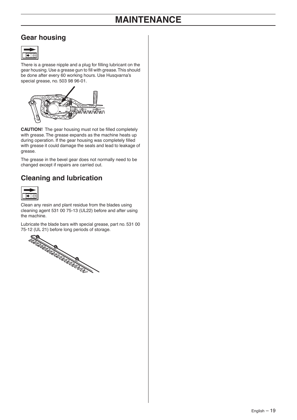 Gear housing, Cleaning and lubrication, Maintenance | Husqvarna 325HS75X Series User Manual | Page 19 / 24