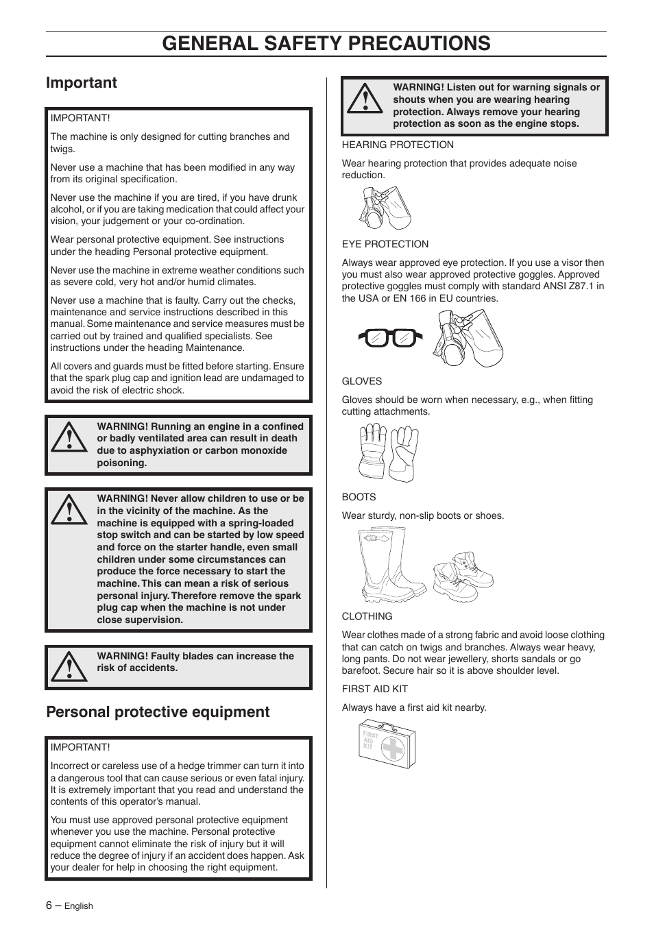 Important, Personal protective equipment, General safety preca utions | Impor tant personal protective equipment | Husqvarna 325HS75X Series User Manual | Page 6 / 24