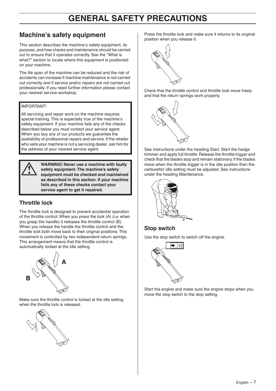 Machine¢s safety equipment, Throttle lock, Stop switch | General safety preca utions, Mac hine ′′′′ s safety equipment | Husqvarna 325HS75X Series User Manual | Page 7 / 24