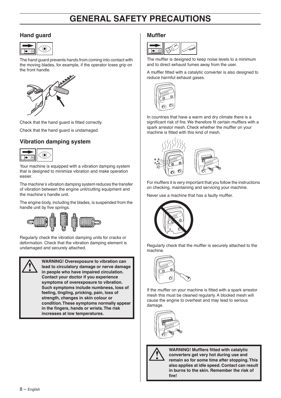 Hand guard, Vibration damping system, Muffler | General safety preca utions | Husqvarna 325HS75X Series User Manual | Page 8 / 24