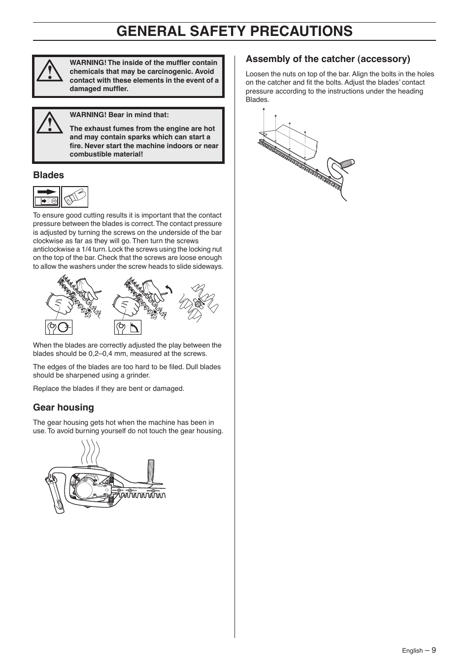 Blades, Gear housing, Assembly of the catcher (accessory) | General safety precautions | Husqvarna 325HS75X Series User Manual | Page 9 / 24