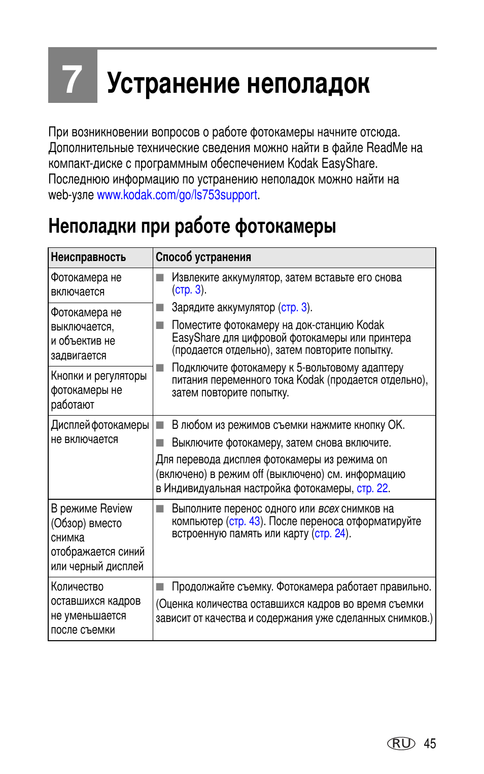 7 устранение неполадок, Неполадки при работе фотокамеры | Kodak LS753 User Manual | Page 51 / 73