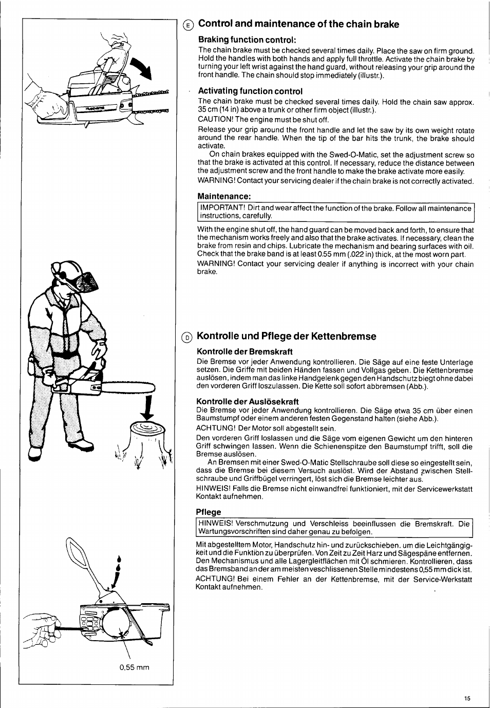 0 control and maintenance of the chain brake, Activating function control, Maintenance | 0 kontrolle und pflege der kettenbremse, Kontrolle der bremskraft, Kontrolle der auslösekraft, Control and maintenance of the chain brake | Husqvarna 2101xp User Manual | Page 15 / 42