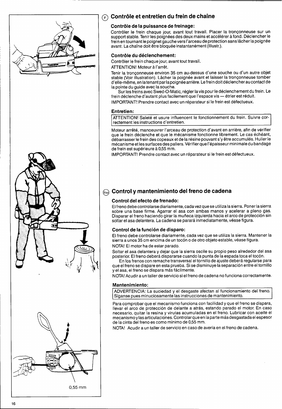 Contrôle et entretien du frein de chaîne, Contrôle de la puissance de freinage, Contrôle du déclenchement | Entretien, Control y mantenimiento dei freno de cadena, Control del efecto de frenado, Mantenimiento, Mantenimiento —27 | Husqvarna 2101xp User Manual | Page 16 / 42
