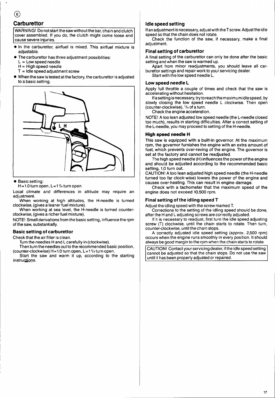 Carburettor, Idle speed setting | Husqvarna 2101xp User Manual | Page 17 / 42