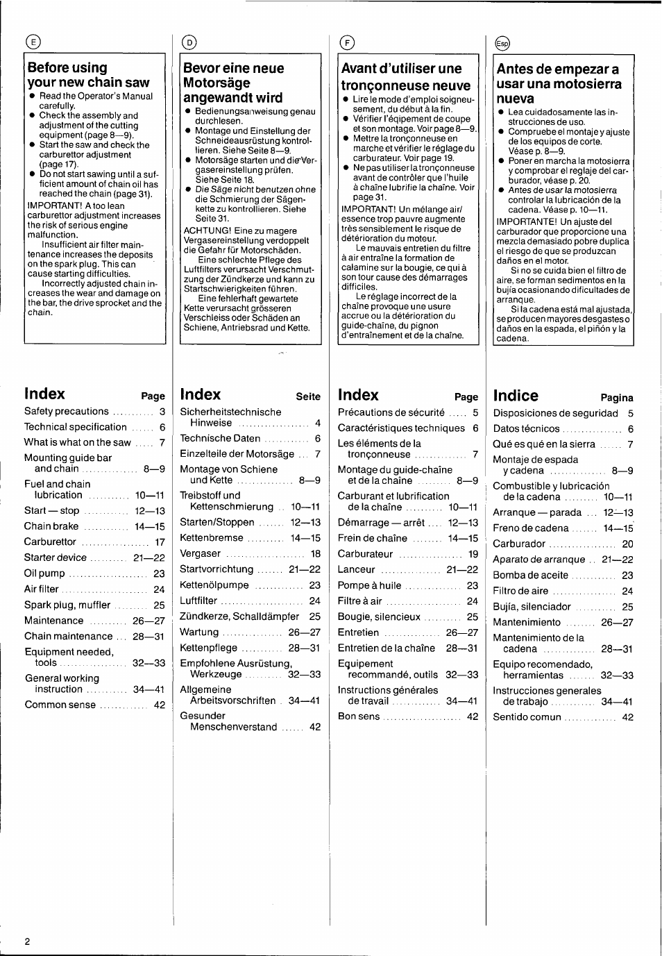 Before using your new chain saw, Bevor eine neue motorsäge angewandt wird, Avant d’utiliser une tronçonneuse neuve | Index, Antes de empezar a usar una motosierra nueva | Husqvarna 2101xp User Manual | Page 2 / 42