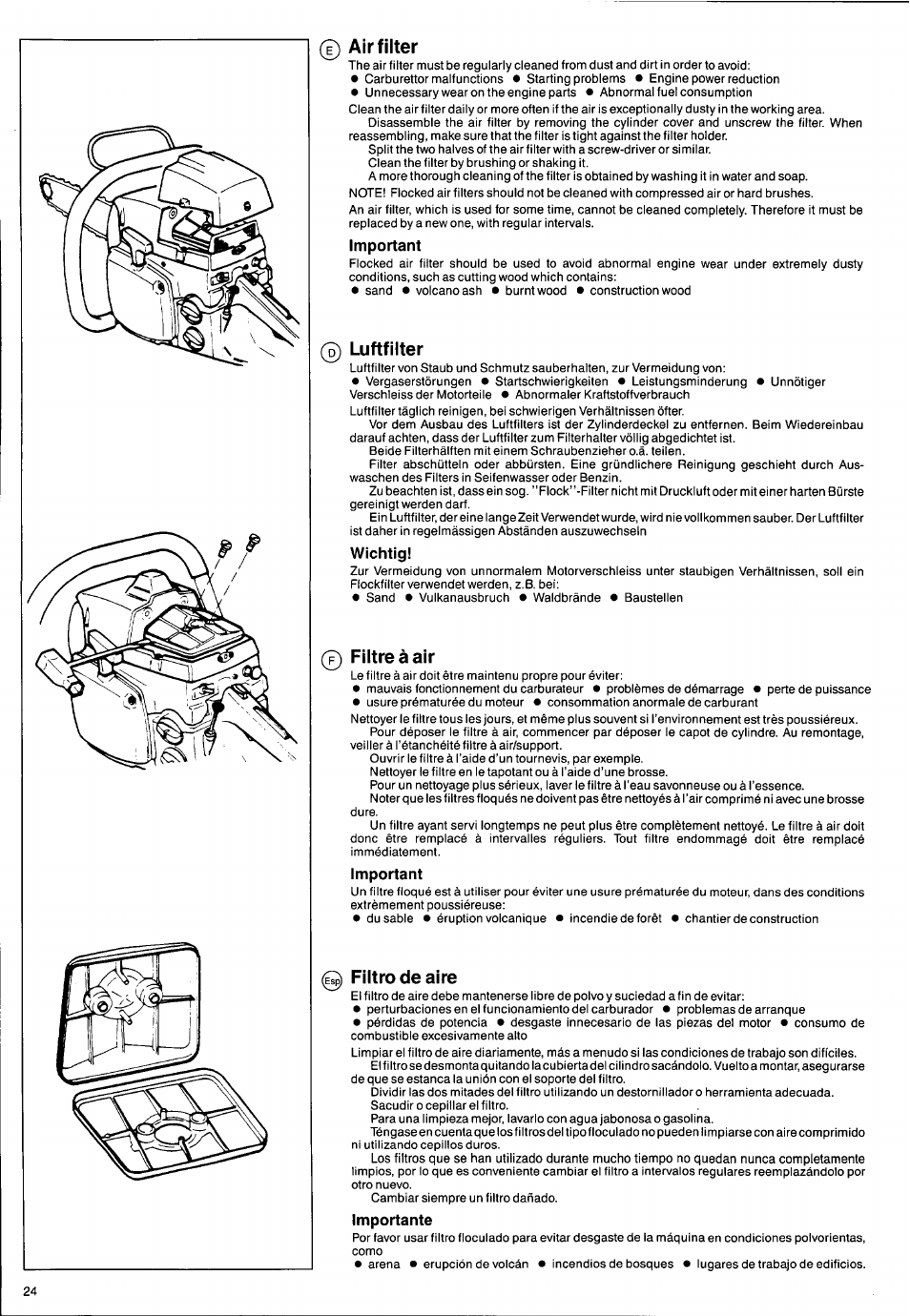 Air filter, Luftfilter, Filtre à air | Filtro de aire | Husqvarna 2101xp User Manual | Page 24 / 42