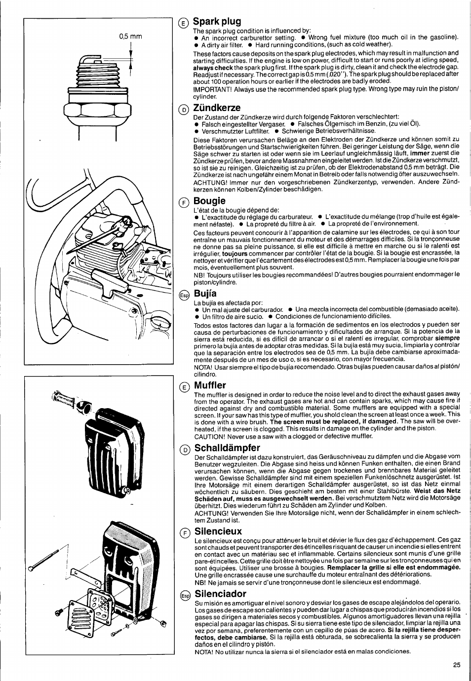 E) sparkplug, D) zündkerze, 0 bougie | 0 bujía, E) muffler, 0 schalldämpfer, 0 silencieux, 0 silenciador, Bujía, silenciador, Bougie | Husqvarna 2101xp User Manual | Page 25 / 42