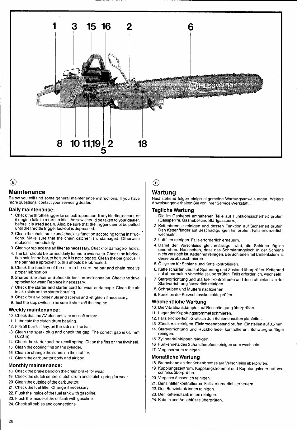 Maintenance, Wartung, Maintenance —27 | Wartung —27 | Husqvarna 2101xp User Manual | Page 26 / 42