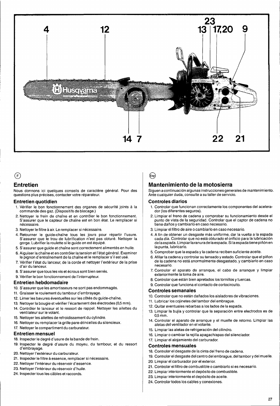 Entretien, Mantenimiento de ia motosíerra, Entretien —27 | Husqvarna 2101xp User Manual | Page 27 / 42