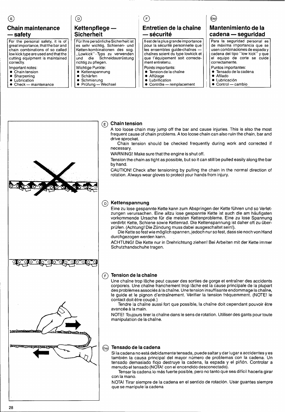 Chain maintenance — safety, Entretien de la chaîne — sécurité, Mantenimiento de la cadena — seguridad | Chain tension, Kettenspannung, Tension de la chaîne, Tensado de la cadena, Kettenpflege — sicherheit | Husqvarna 2101xp User Manual | Page 28 / 42