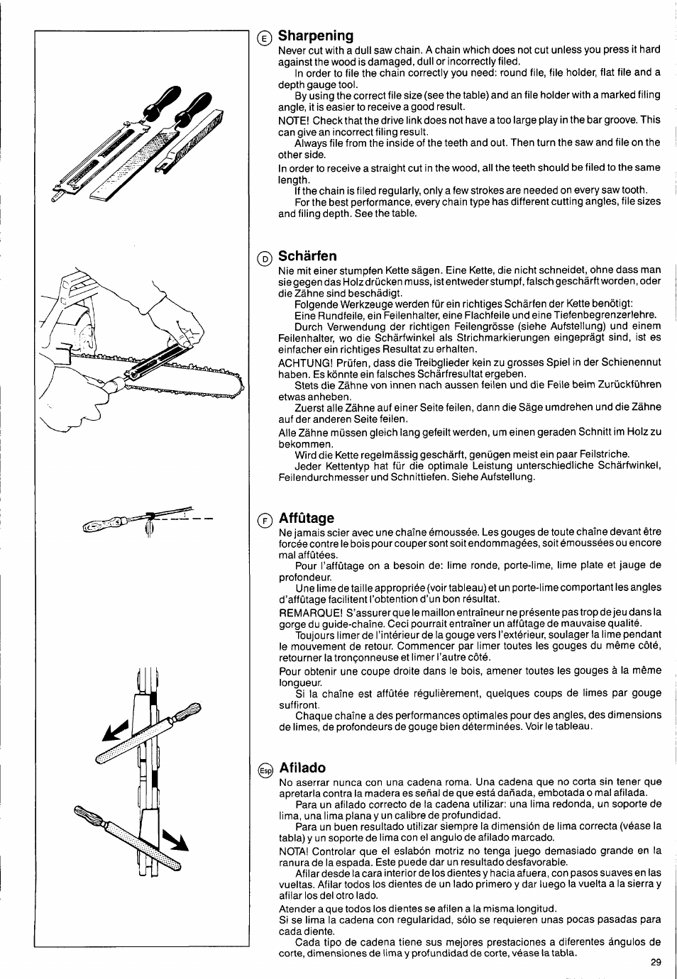 0 sharpening, Schärfen, Affûtage | Afilado, Sharpening | Husqvarna 2101xp User Manual | Page 29 / 42