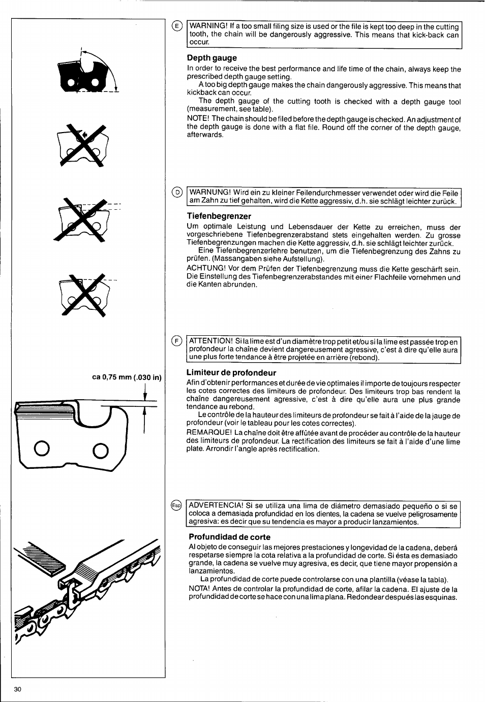 Depth gauge, Limiteur de profondeur, Profundidad de corte | Husqvarna 2101xp User Manual | Page 30 / 42