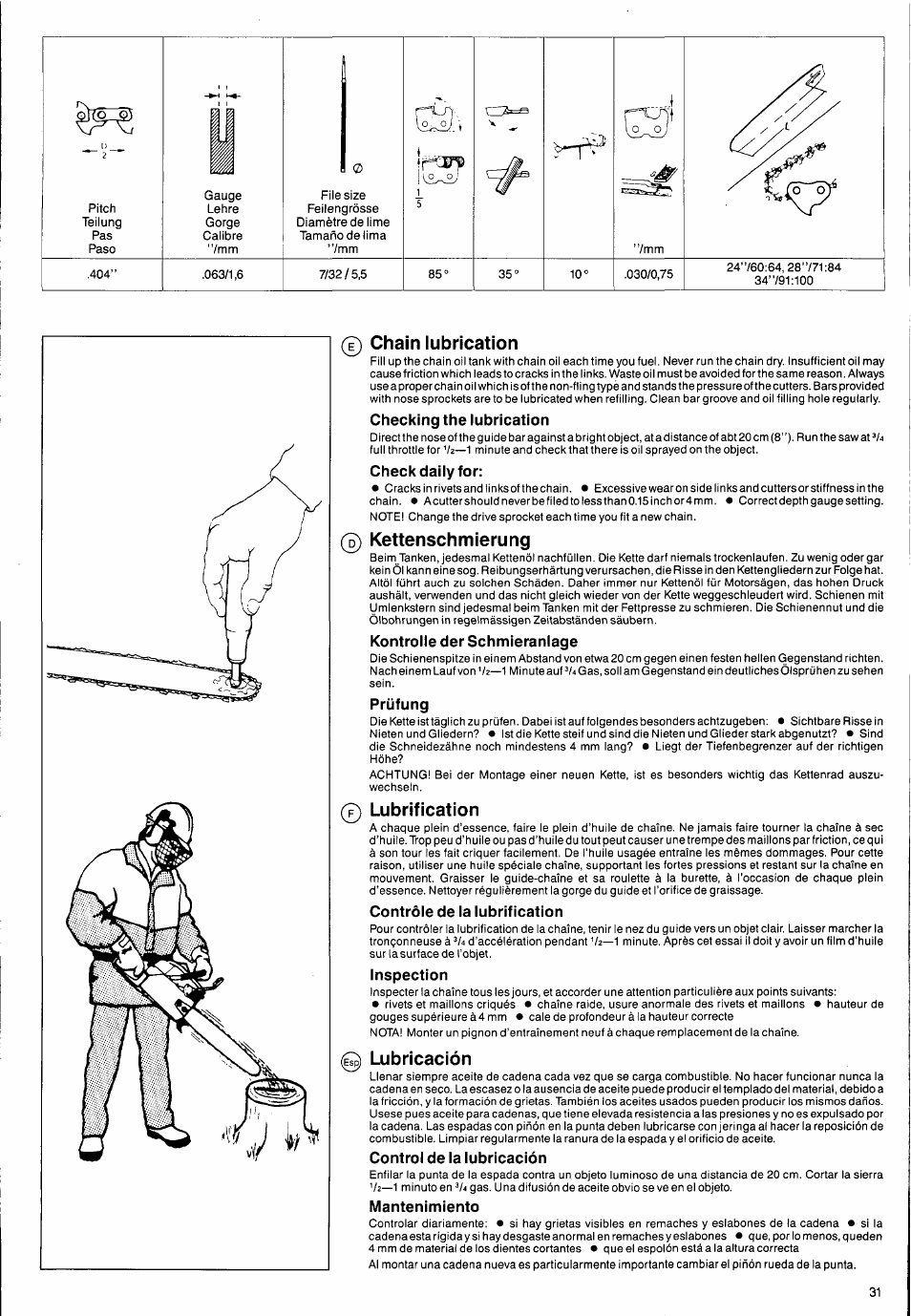 Kettenschmierung, Lubrification, Lubricación | 0 chain lubrication | Husqvarna 2101xp User Manual | Page 31 / 42