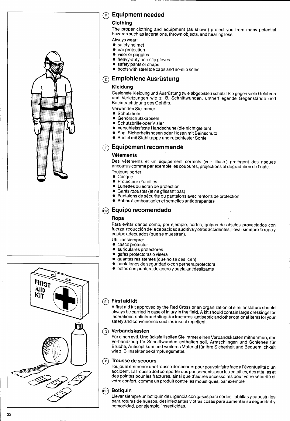 0 equipment needed, Empfohlene ausrüstung, 0 equipement recommandé | Vêtements, Equipo recomendado, First aid kit, Verbandskasten, Trousse de secours, Equipment needed, Tools —33 | Husqvarna 2101xp User Manual | Page 32 / 42