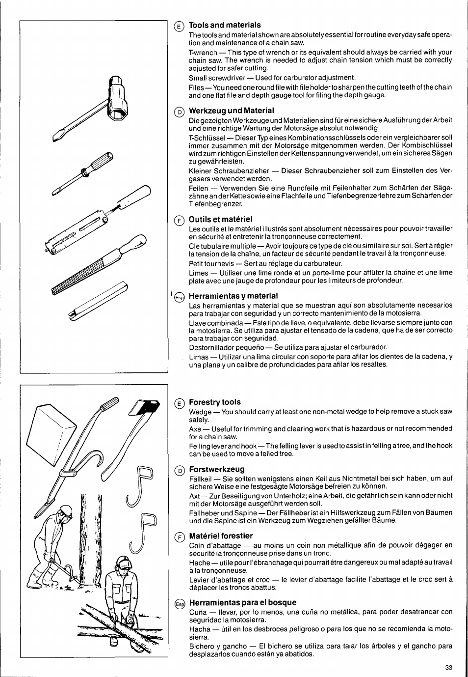 0 toolsand materials, 0 werkzeug und material, 0 outils et matériel | 0 herramientas y material, 0 forestry tools, 0 forstwerkzeug, 0 matériel forestier, 0 herramientas para el bosque | Husqvarna 2101xp User Manual | Page 33 / 42