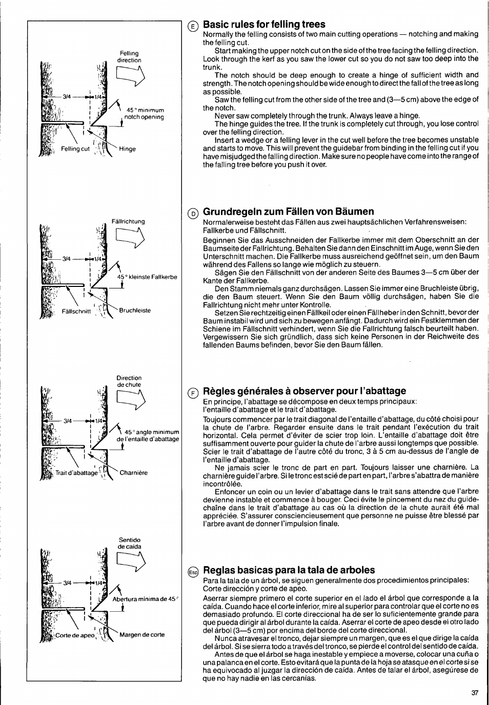 Basic rules for felling trees, Grundregeln zum fällen von bäumen, Règles générales à observer pour l’abattage | Reglas básicas para la tala de arboles | Husqvarna 2101xp User Manual | Page 37 / 42