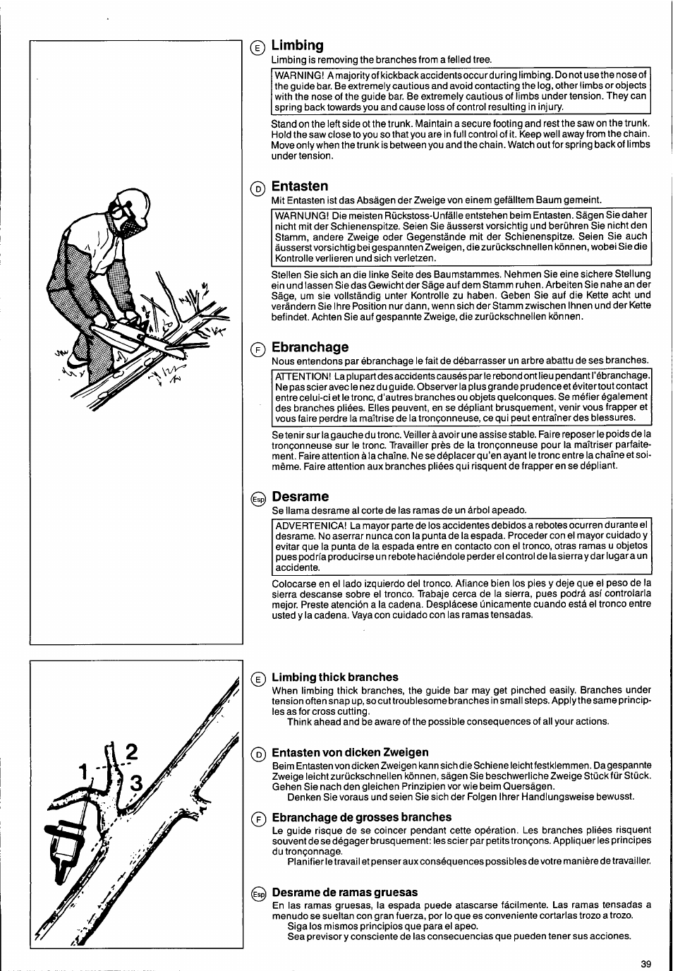 Limbing, 0 entasten, 0 ebranchage | 0 desrame, 0 limbing thick branches, 0 entasten von dicken zweigen, 0 ebranchage de grosses branches, 0 desrame de ramas gruesas, Ebranchage | Husqvarna 2101xp User Manual | Page 39 / 42
