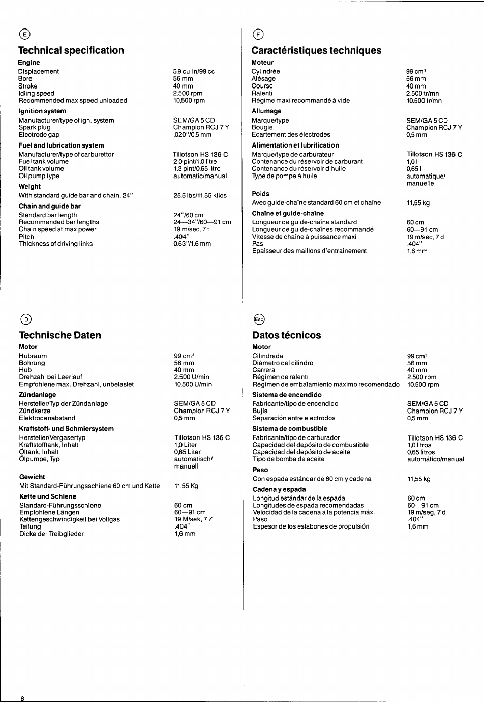 Technical specification, Technische daten, Caractéristiques techniques | Datos técnicos | Husqvarna 2101xp User Manual | Page 6 / 42