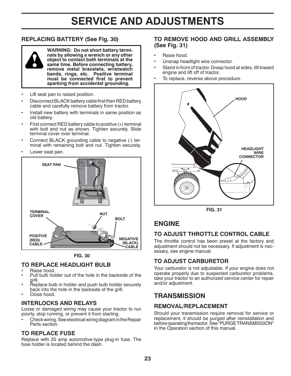 Service and adjustments, Engine, Transmission | Husqvarna 532 42 20-50_R1 User Manual | Page 23 / 45