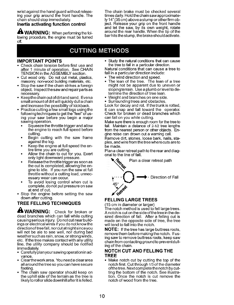 Inertia activating function controi, Important points, Tree felling techniques | Felling large trees, Notch cut and felling the tree, Utting method, Warning | Husqvarna 141 EN User Manual | Page 10 / 18