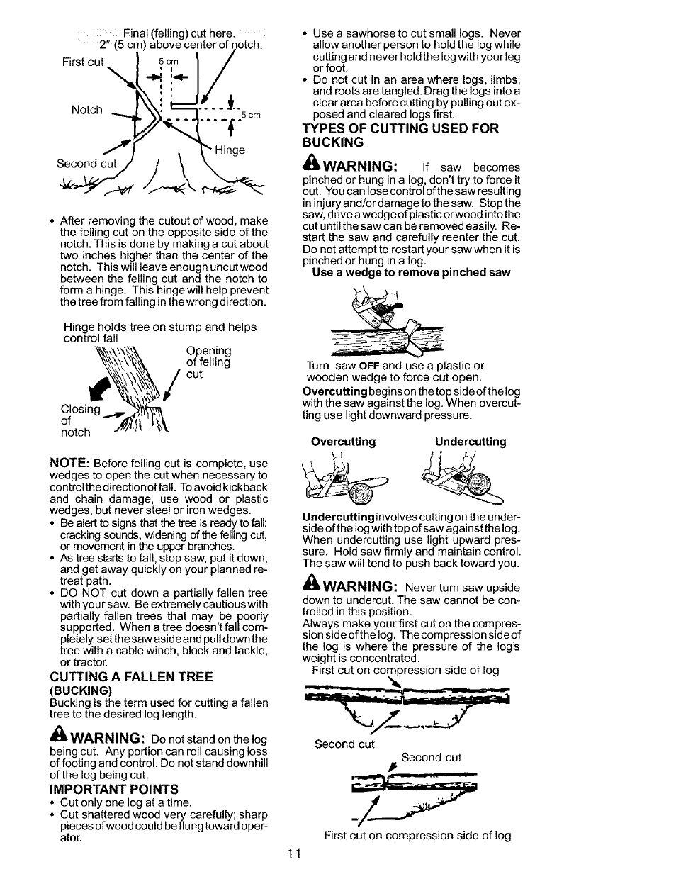 Cutting a fallen tree (bucking), Important points, Types of cutting used for bucking | A warning | Husqvarna 141 EN User Manual | Page 11 / 18