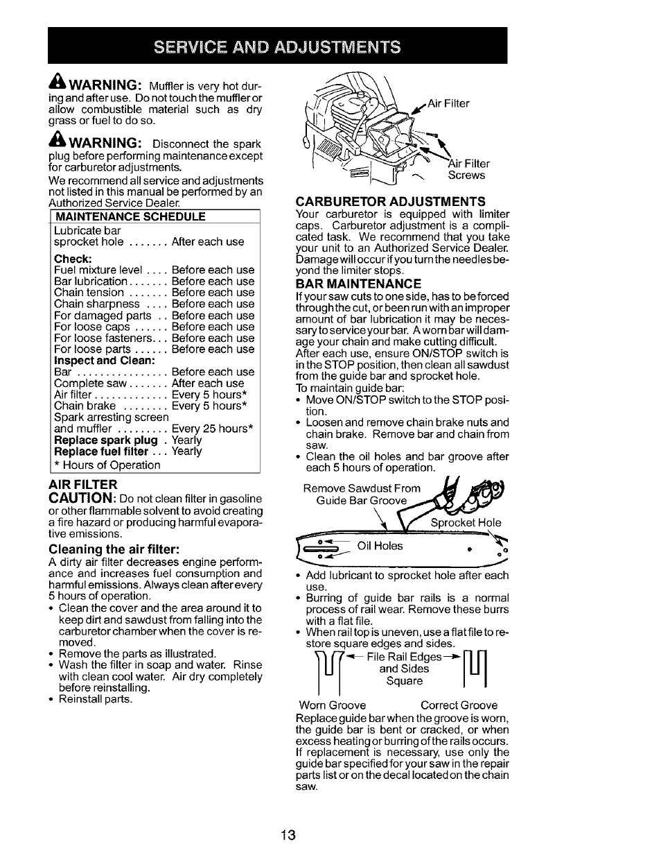 Air filter, Carburetor adjustments, Service and adjustment | Husqvarna 141 EN User Manual | Page 13 / 18