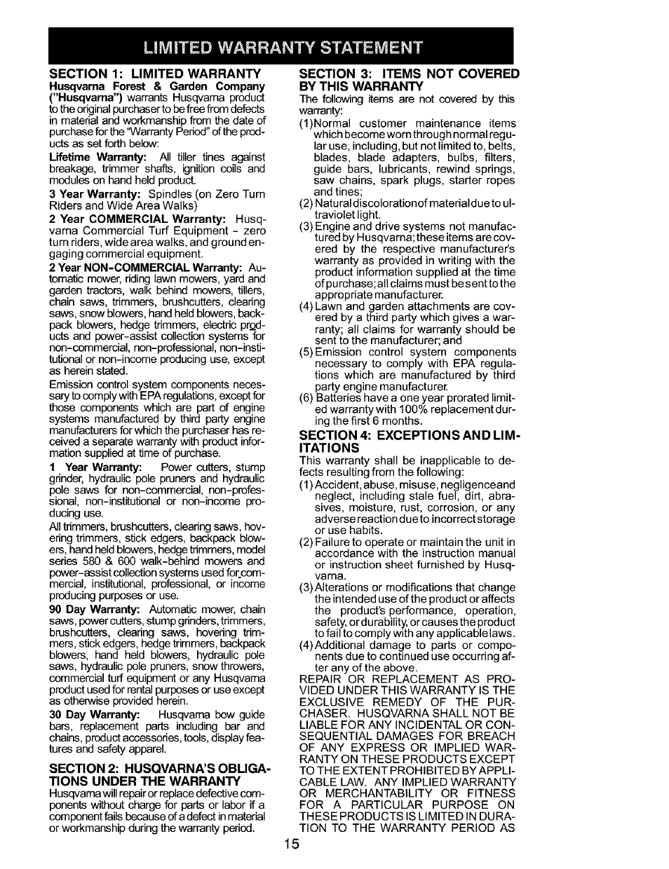 Section 3: items not covered by this warranty, Limited warranty statement | Husqvarna 141 EN User Manual | Page 15 / 18