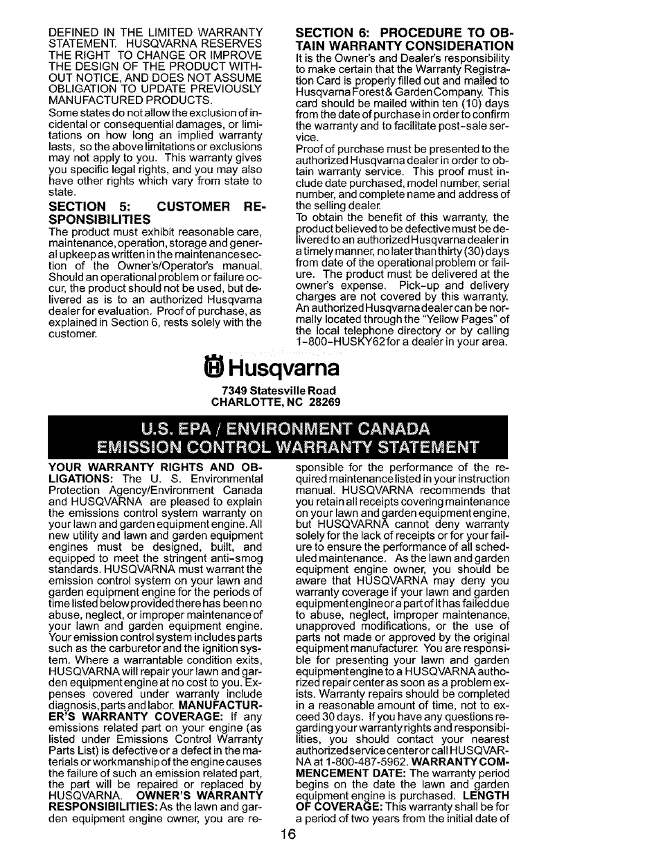 Section 5: customer re, Sponsibilities | Husqvarna 141 EN User Manual | Page 16 / 18