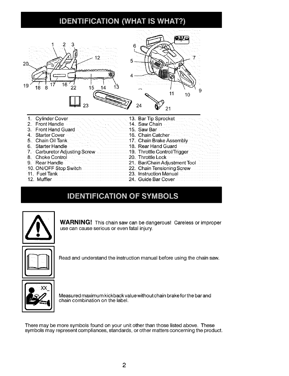 Identification (what is what, Identification of symbols | Husqvarna 141 EN User Manual | Page 2 / 18