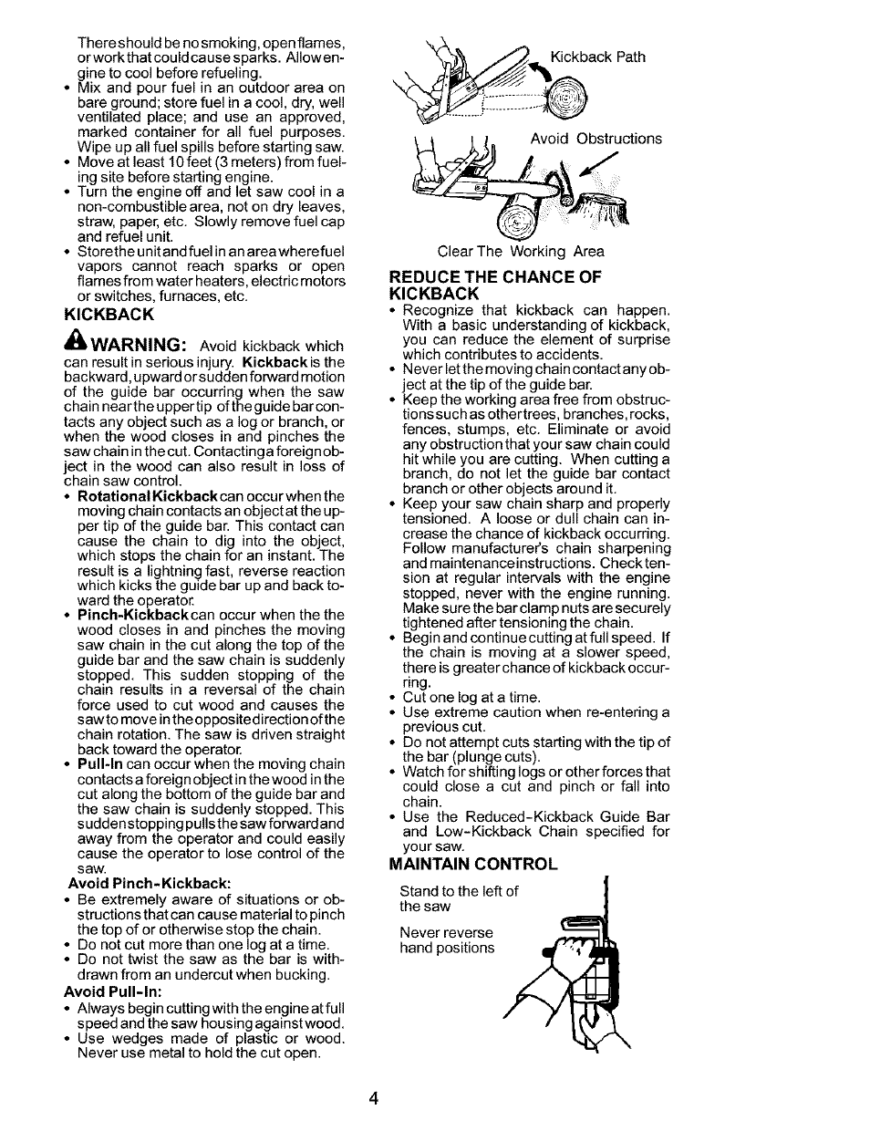 Kickback, Reduce the chance of kickback, Maintain control | Husqvarna 141 EN User Manual | Page 4 / 18