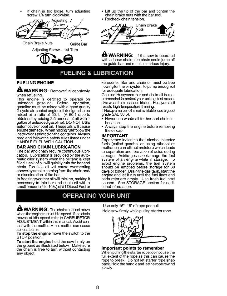 Fueling engine, Bar and chain lubrication, Important | Important points to remember, Ueling & lubrication, Operating your unit | Husqvarna 141 EN User Manual | Page 8 / 18