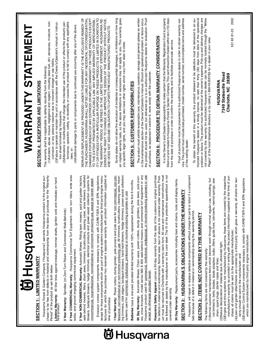 Warranty st a tement | Husqvarna 7021CM User Manual | Page 18 / 18