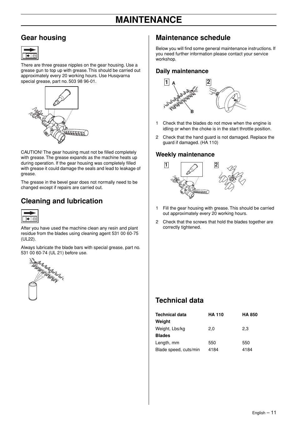Maintenance, Gear housing, Cleaning and lubrication | Maintenance schedule, Technical data | Husqvarna HA 110 User Manual | Page 11 / 13