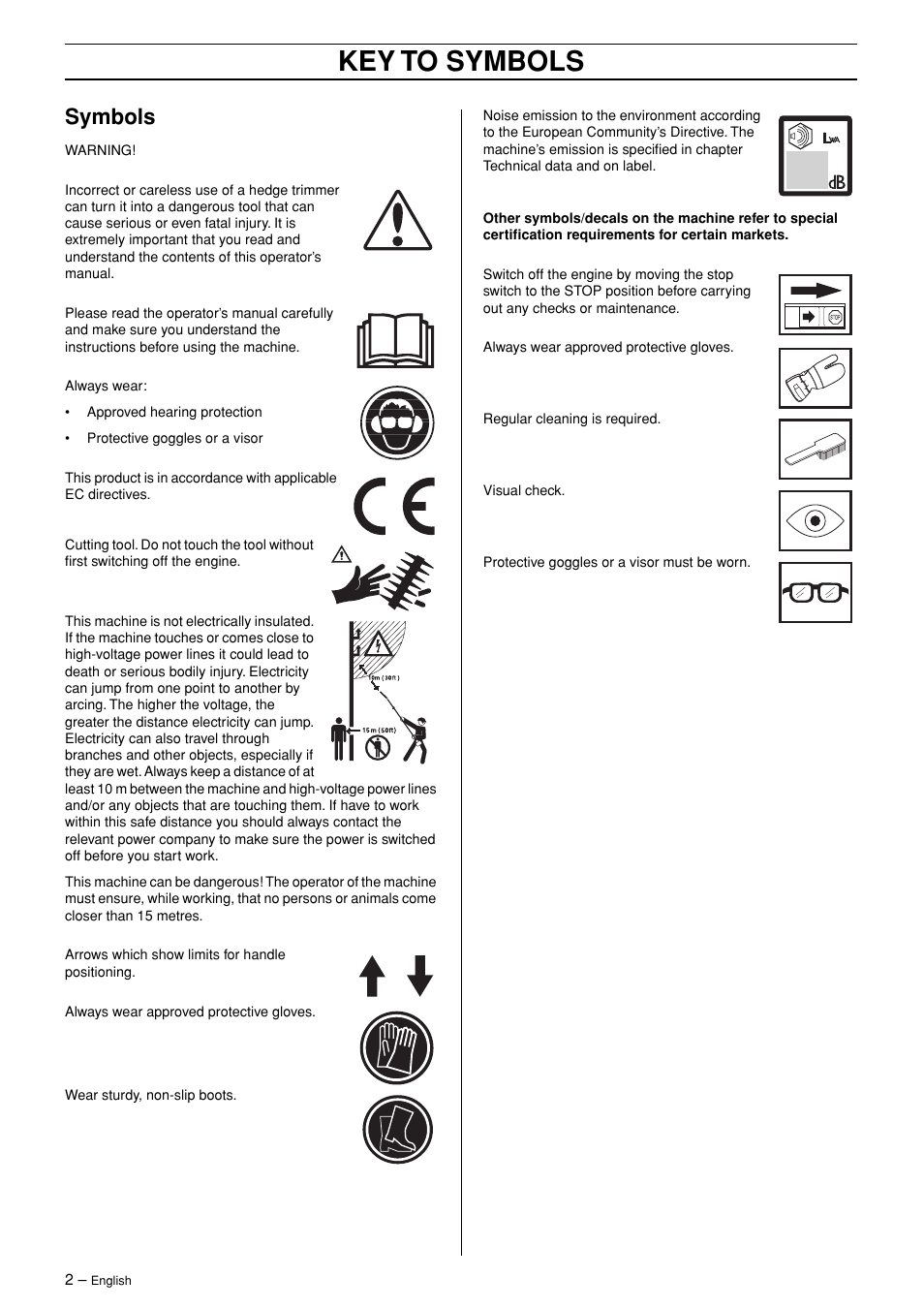 Key to symbols, Symbols | Husqvarna HA 110 User Manual | Page 2 / 13