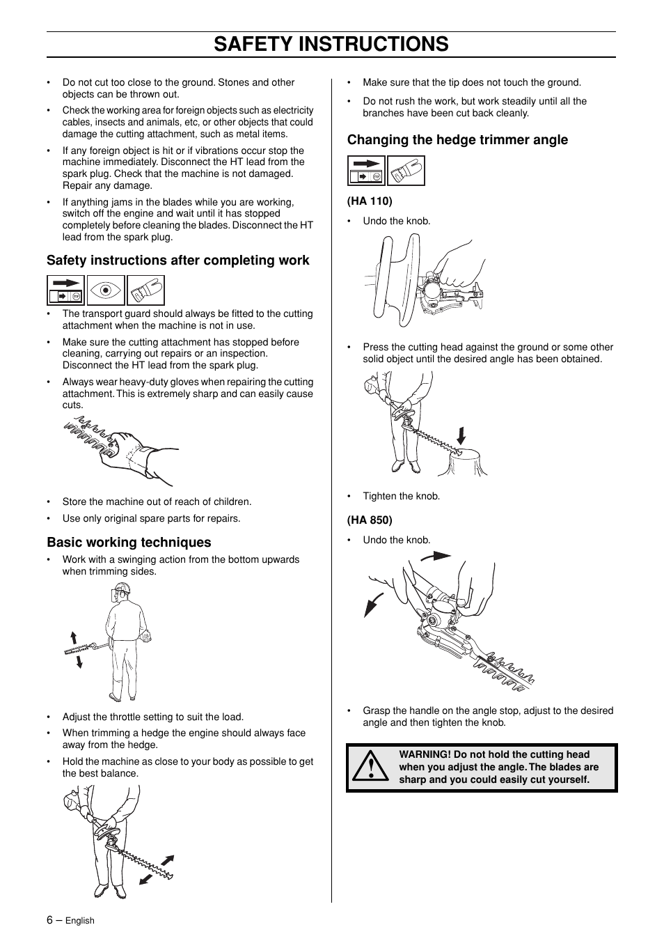 Safety instructions, Safety instructions after completing work, Basic working techniques | Changing the hedge trimmer angle | Husqvarna HA 110 User Manual | Page 6 / 13