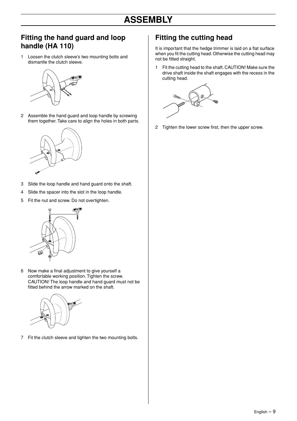 Assembly, Fitting the hand guard and loop handle (ha 110), Fitting the cutting head | Husqvarna HA 110 User Manual | Page 9 / 13